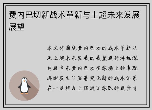 费内巴切新战术革新与土超未来发展展望
