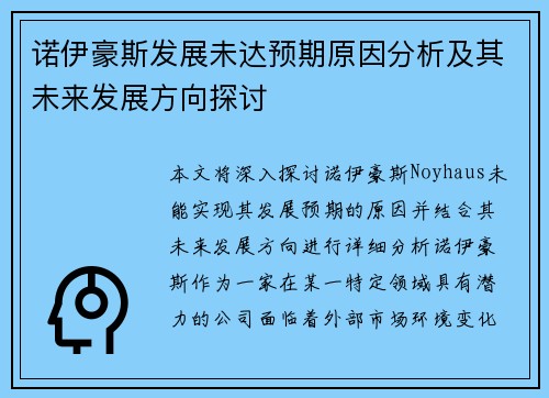 诺伊豪斯发展未达预期原因分析及其未来发展方向探讨